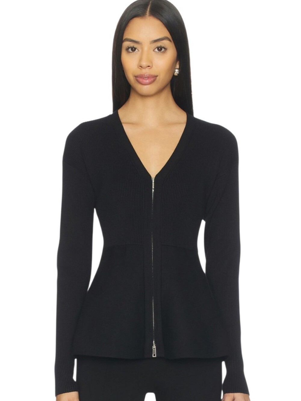 ALIGNE Faye Zip Up Cardigan Black Size XS Waisted Peplum Ribbed Luxury Designer